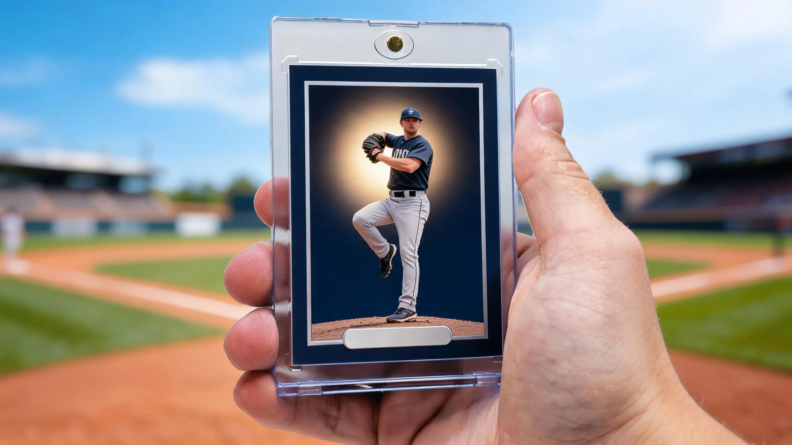 Hand holding a magnetic case with a custom 1 1 baseball card, stadium-night pitcher design, sunny diamond background.