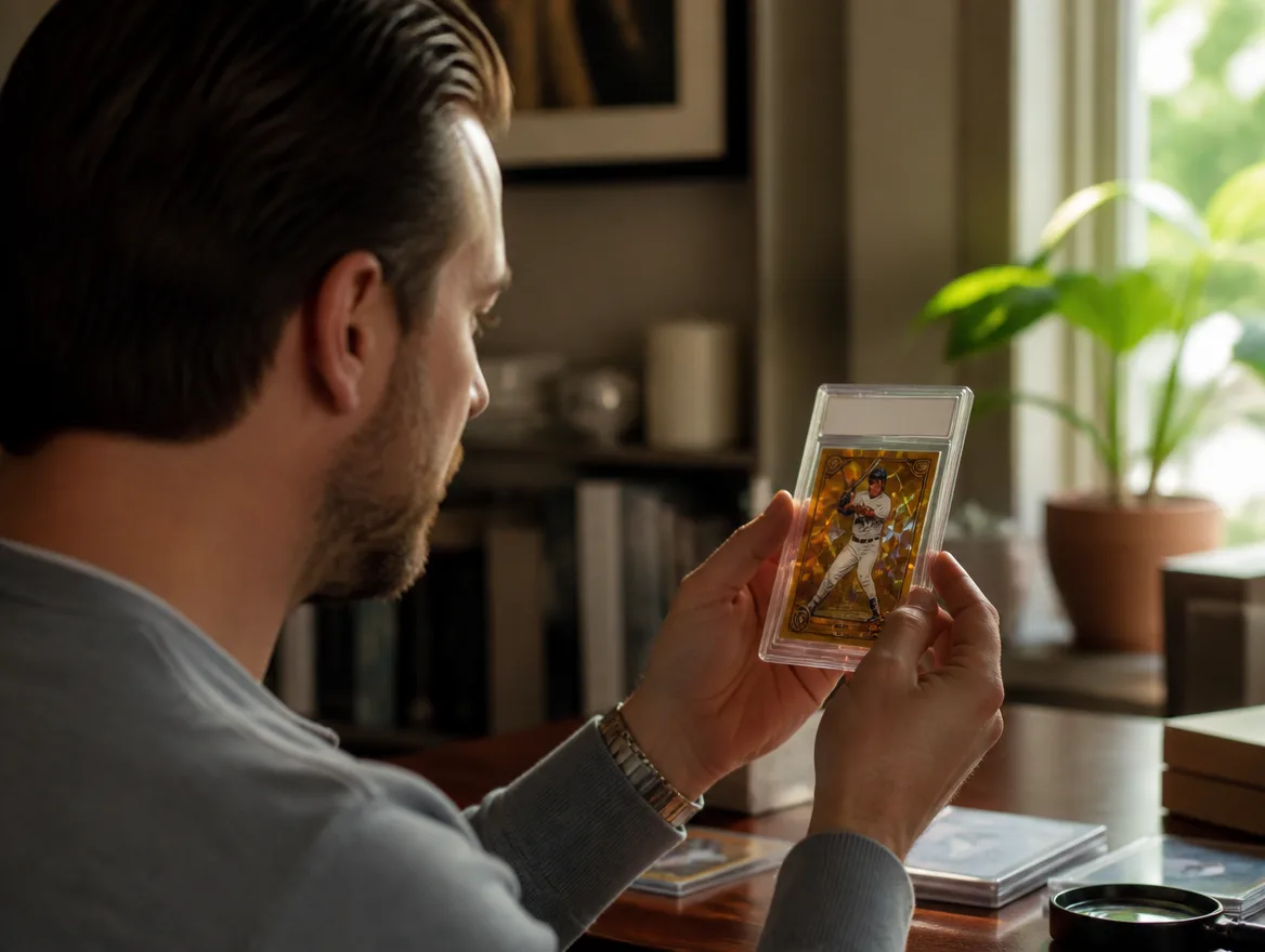 Collector admiring a premium custom gold baseball card in a protective case