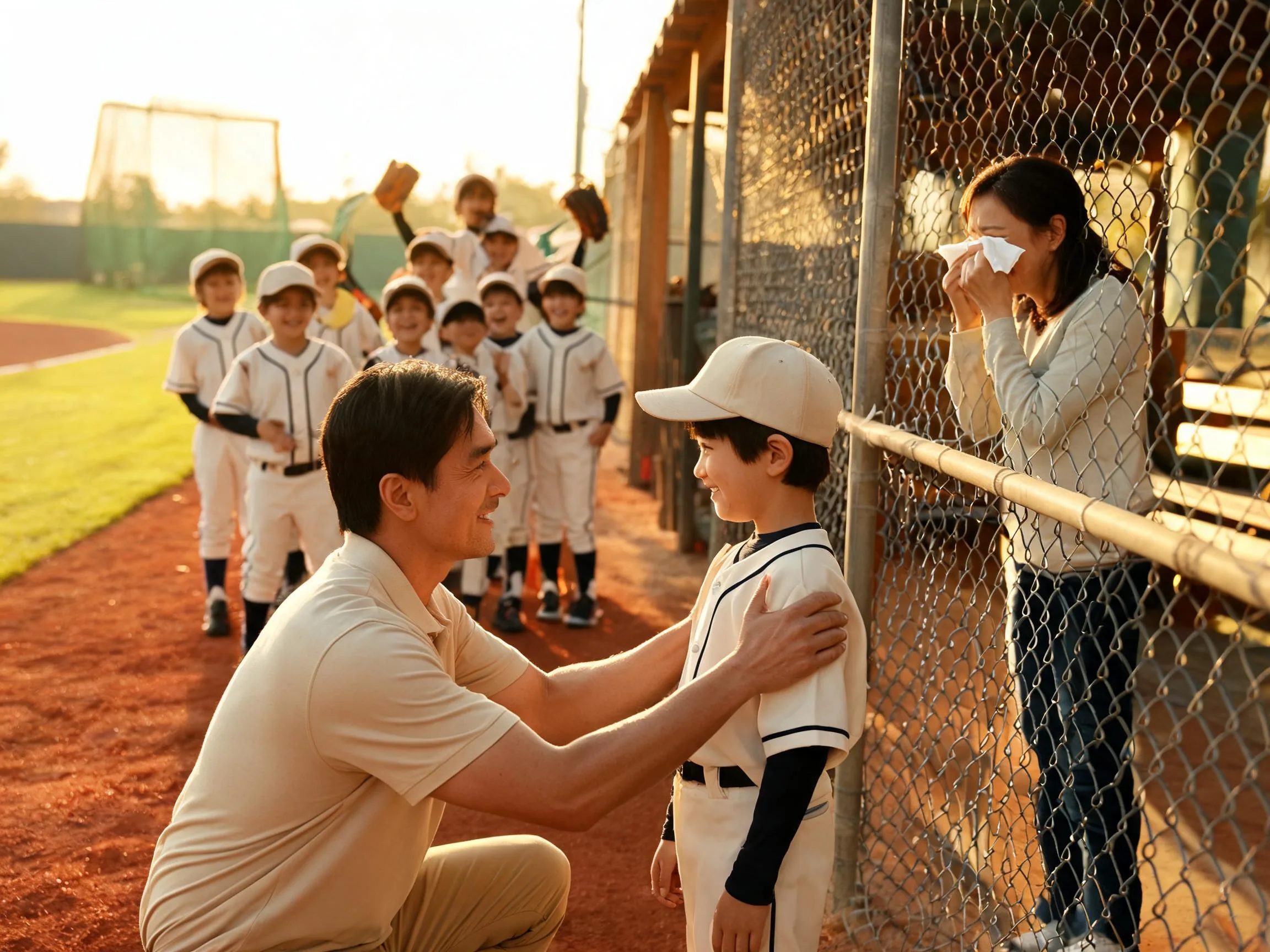 Coach and young baseball player share a proud emotional moment near the dugout and clay infield.