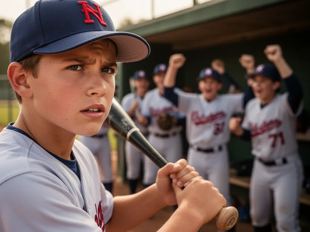 Young baseball player smiling with determination wearing cap holding bat near teammates