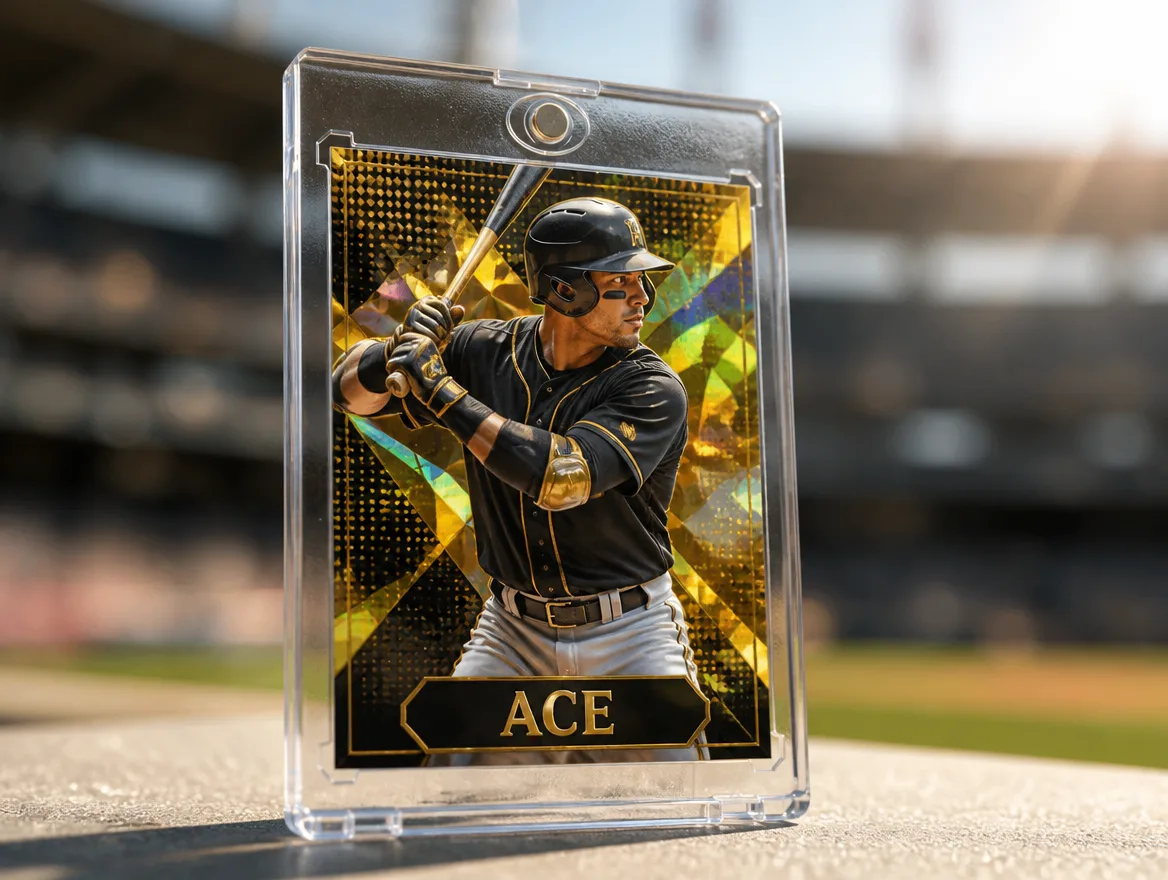 Custom gold 1 of 1 baseball card standing in a clear magnetic case