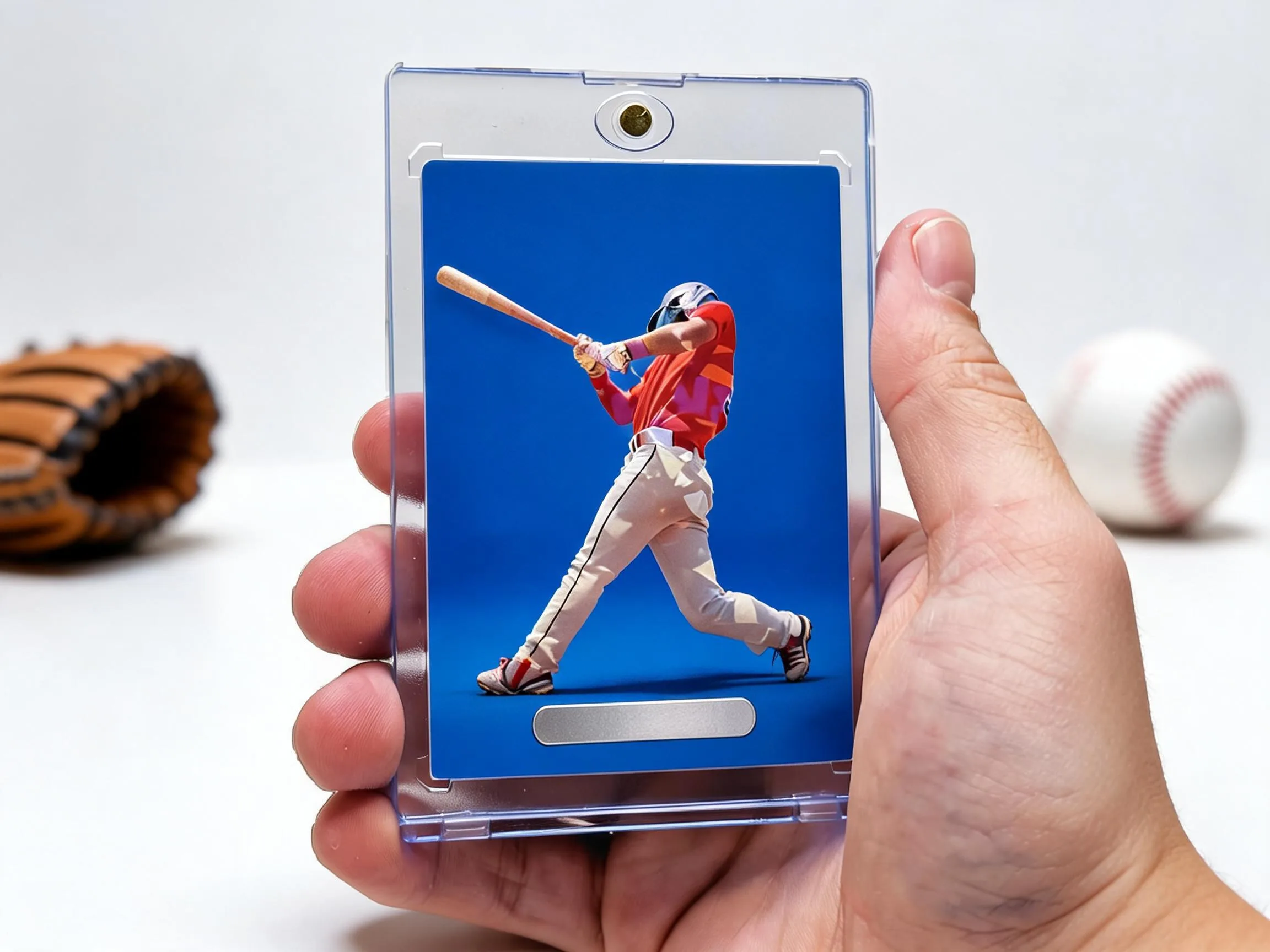 Custom baseball trading card in a magnetic case, cobalt blue editorial design on white tabletop.