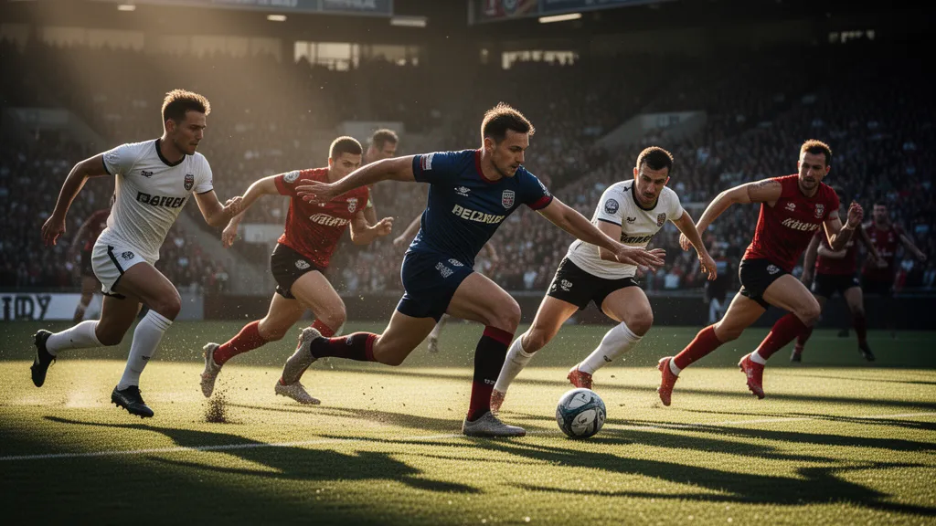 Multiple athletes in dynamic motion during competitive sports action with natural outdoor lighting and intense energy