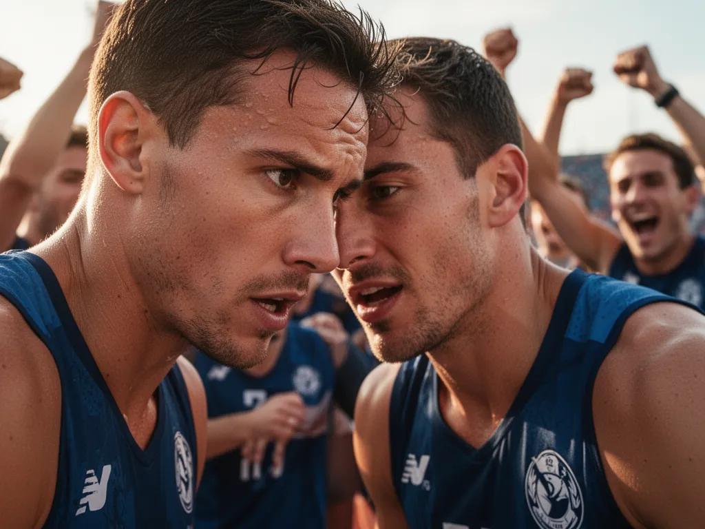 Athlete's focused expression during competition with teammates celebrating passion and dedication in background