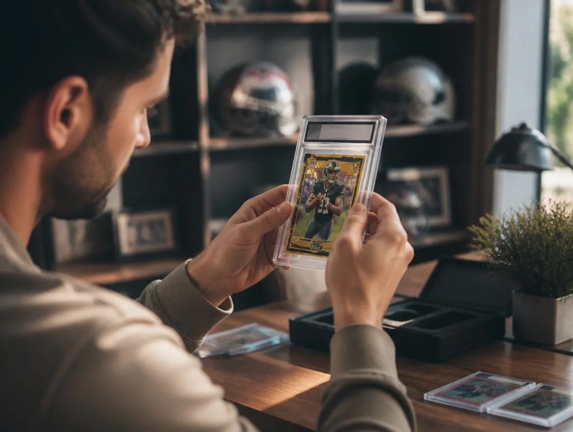 Collector admiring a premium custom gold football card in a protective case