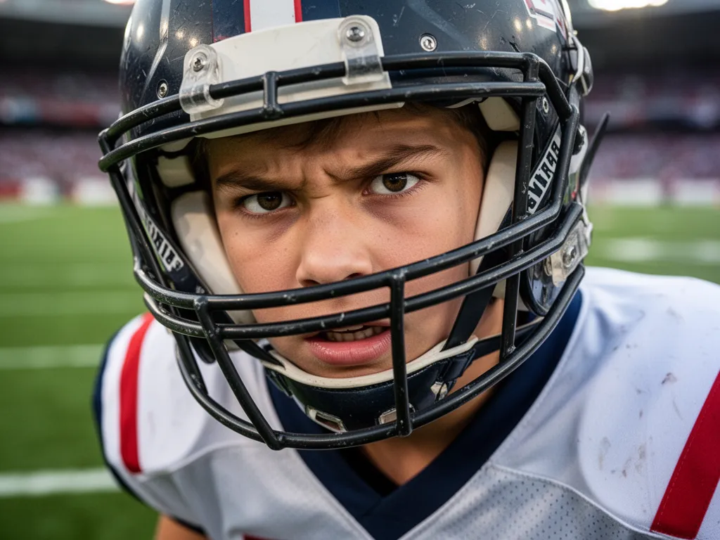 Young football player with focused expression wearing team jersey during game
