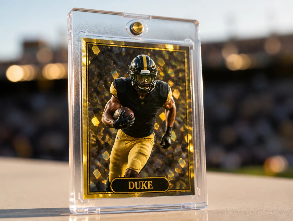 Custom gold 1 of 1 football card standing in a clear magnetic case