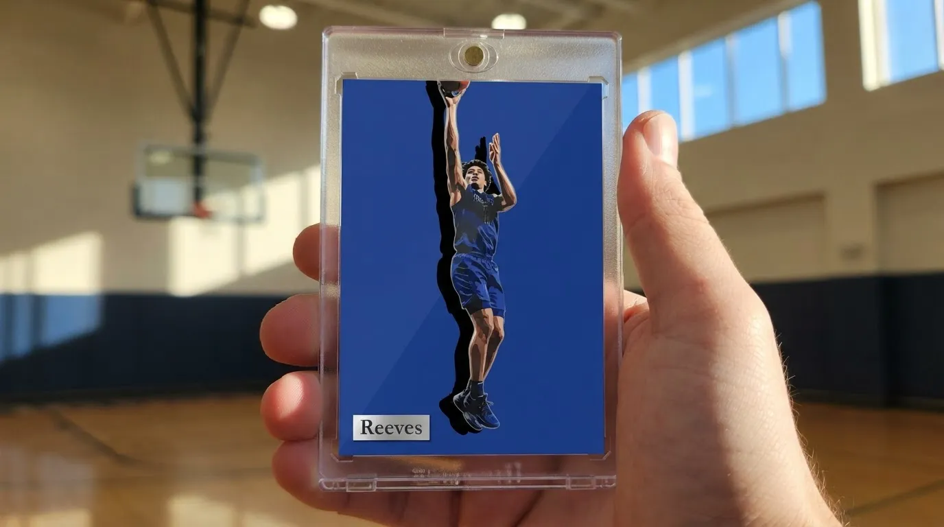 Hand holds magnetic case with 1 1 nba cards jump-shot player card, blue background, low angle.
