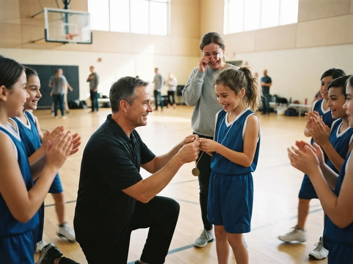 Coach shares a warm moment with a joyful young athlete on a gymnasium basketball court.