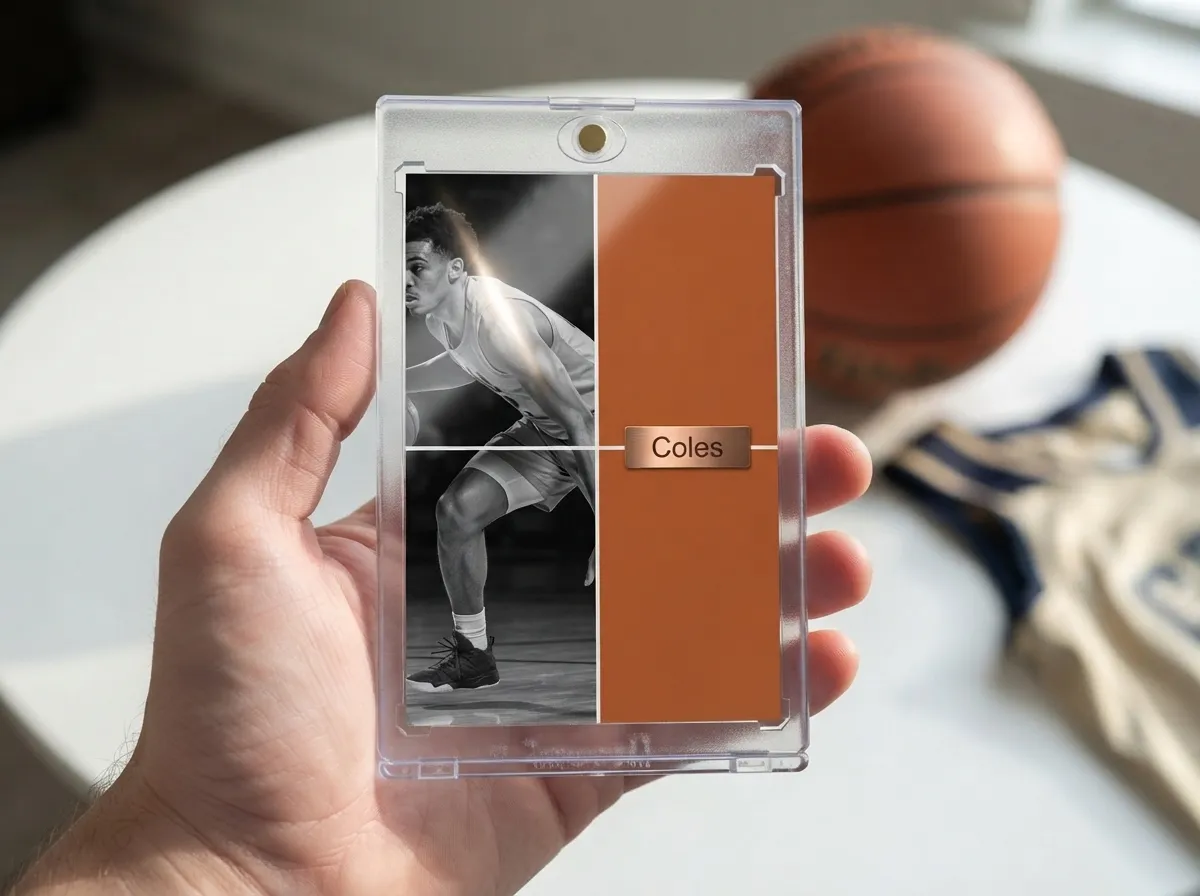 Magnetic case holds custom basketball trading card with split action photo and orange panel.