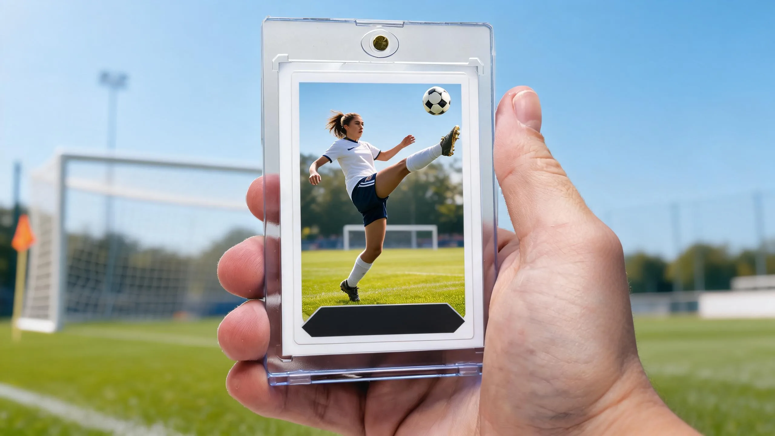 Hand holding magnetic case with 1 1 soccer cards design, player mid-volley on sunlit pitch.