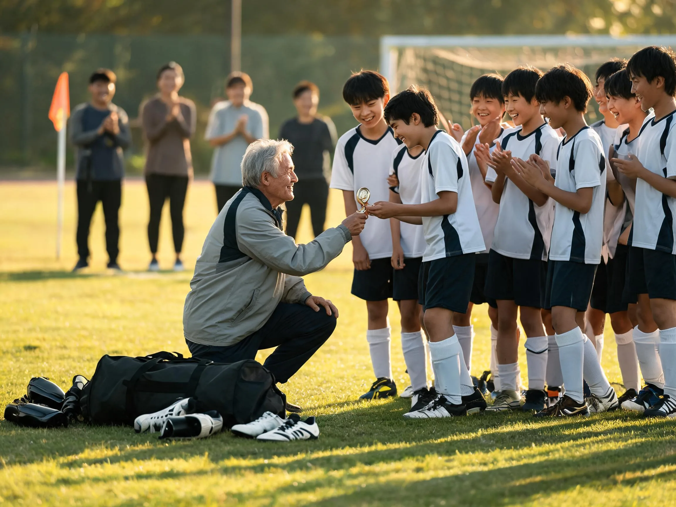 Coach and young soccer player share proud emotional moment on sunlit pitch after match.