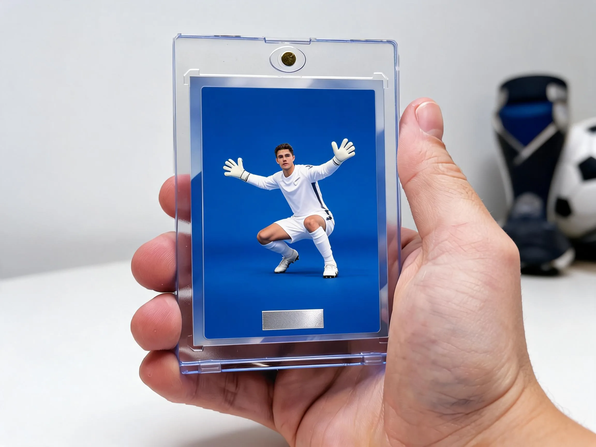 Custom soccer trading card in clear magnetic case, goalkeeper design on blue background.