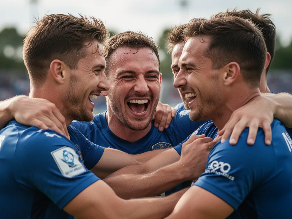 [Team of athletes hugging and celebrating together after competitive match win outdoors]