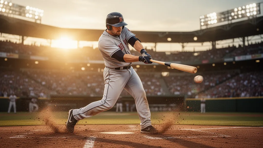 Baseball player mid-swing connecting with pitch during golden hour game action