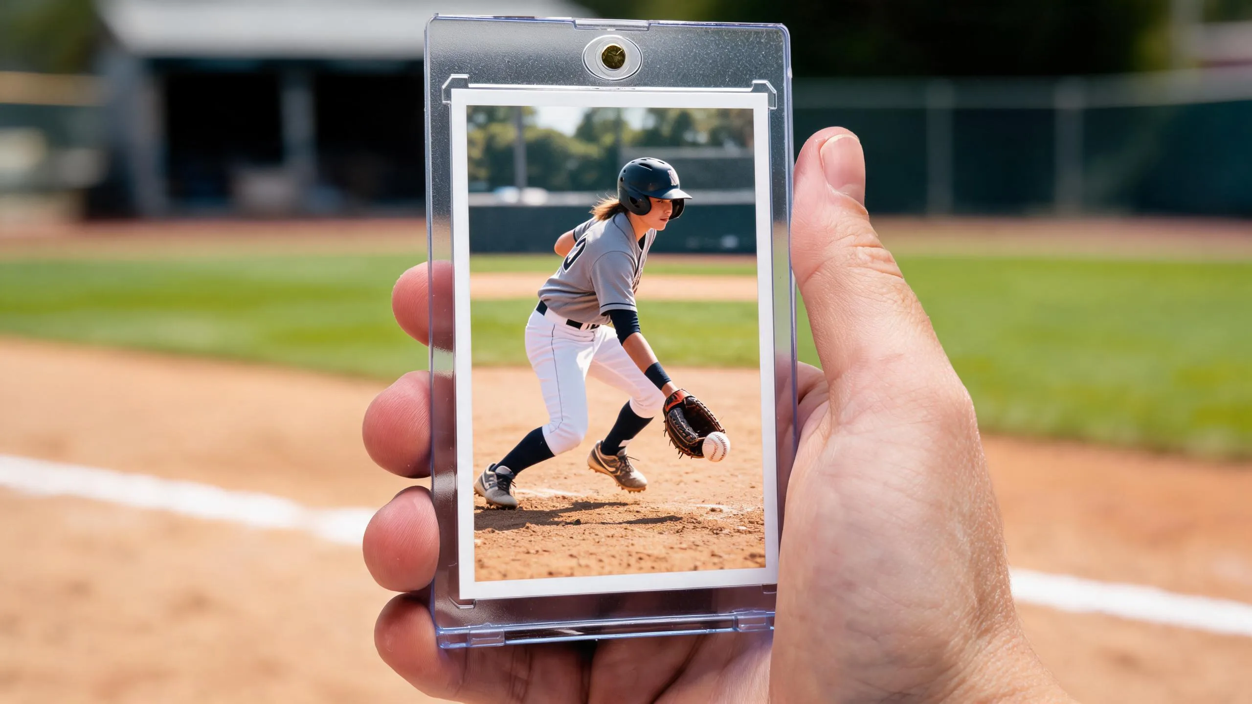 Hand holding magnetic case with custom infielder card, showcasing our 1-of-1 baseball card sale.