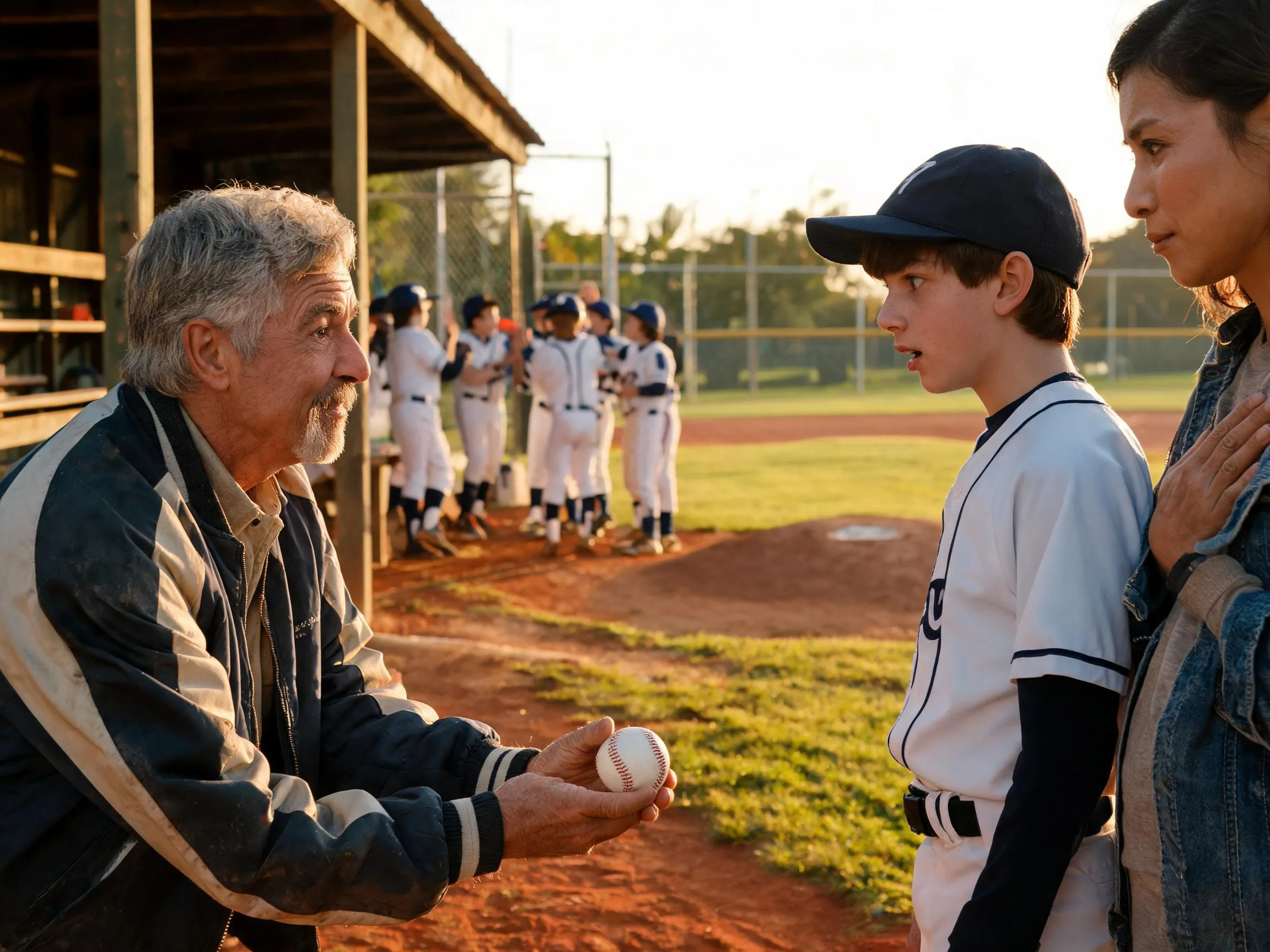 Coach shares a proud moment with a young athlete beside the dugout and fence.