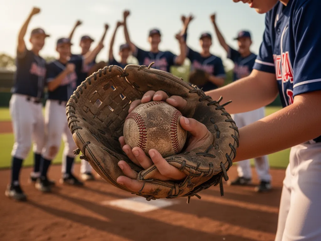 Young player clutching baseball in glove with celebrating teammates blurred behind