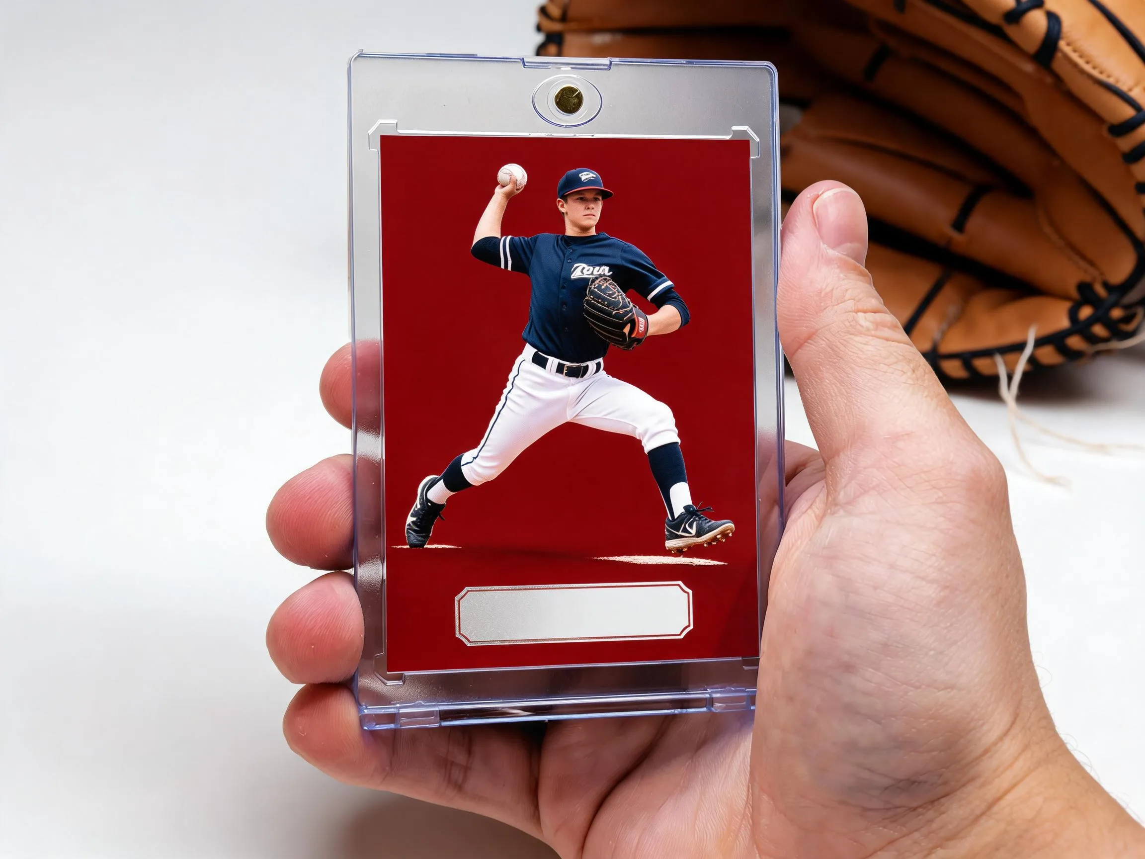 Custom baseball trading card in clear magnetic case, red editorial pitcher design.