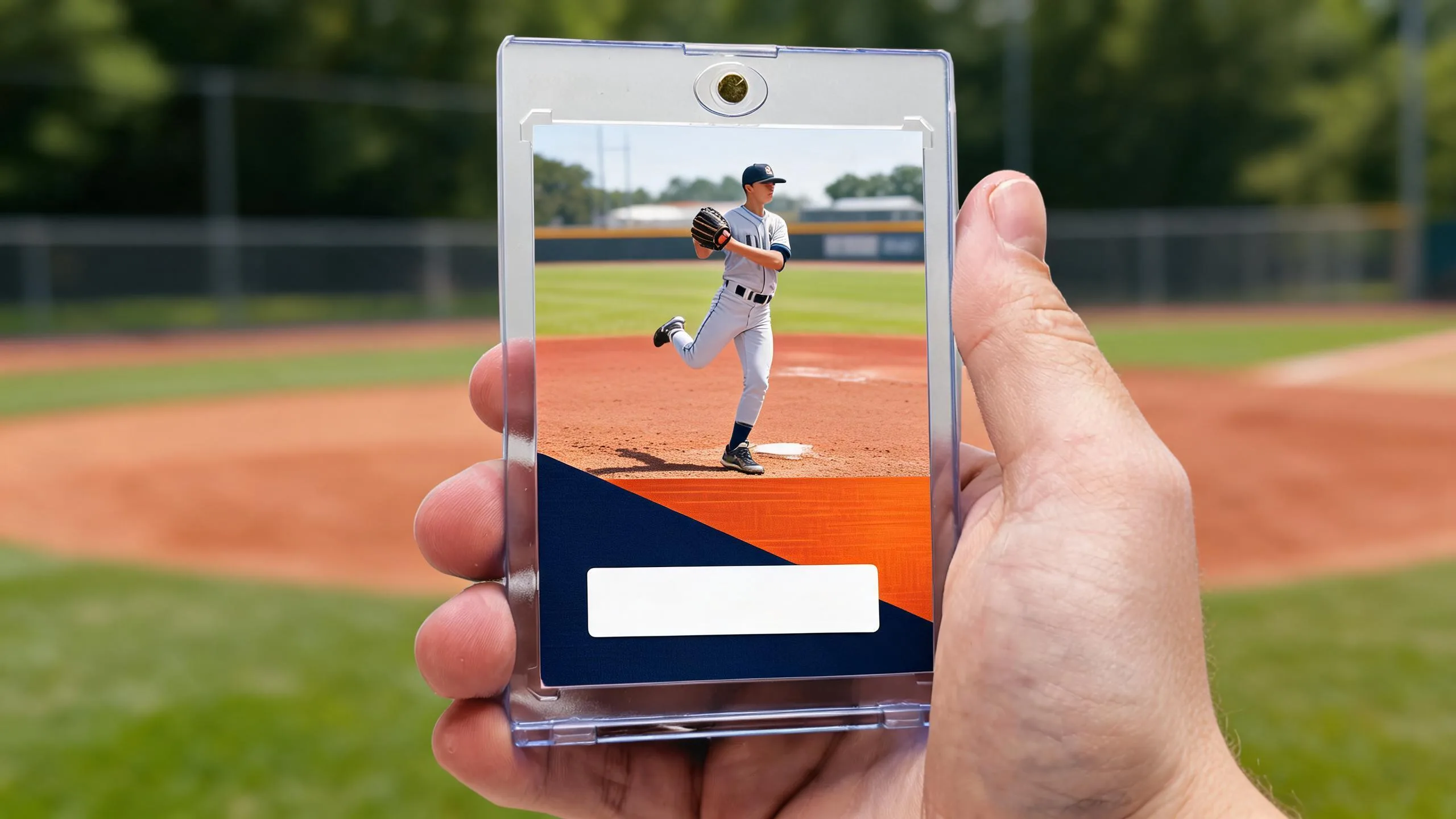 Hand holding magnetic case with 1 of 1 baseball cards pitcher design at sunny diamond