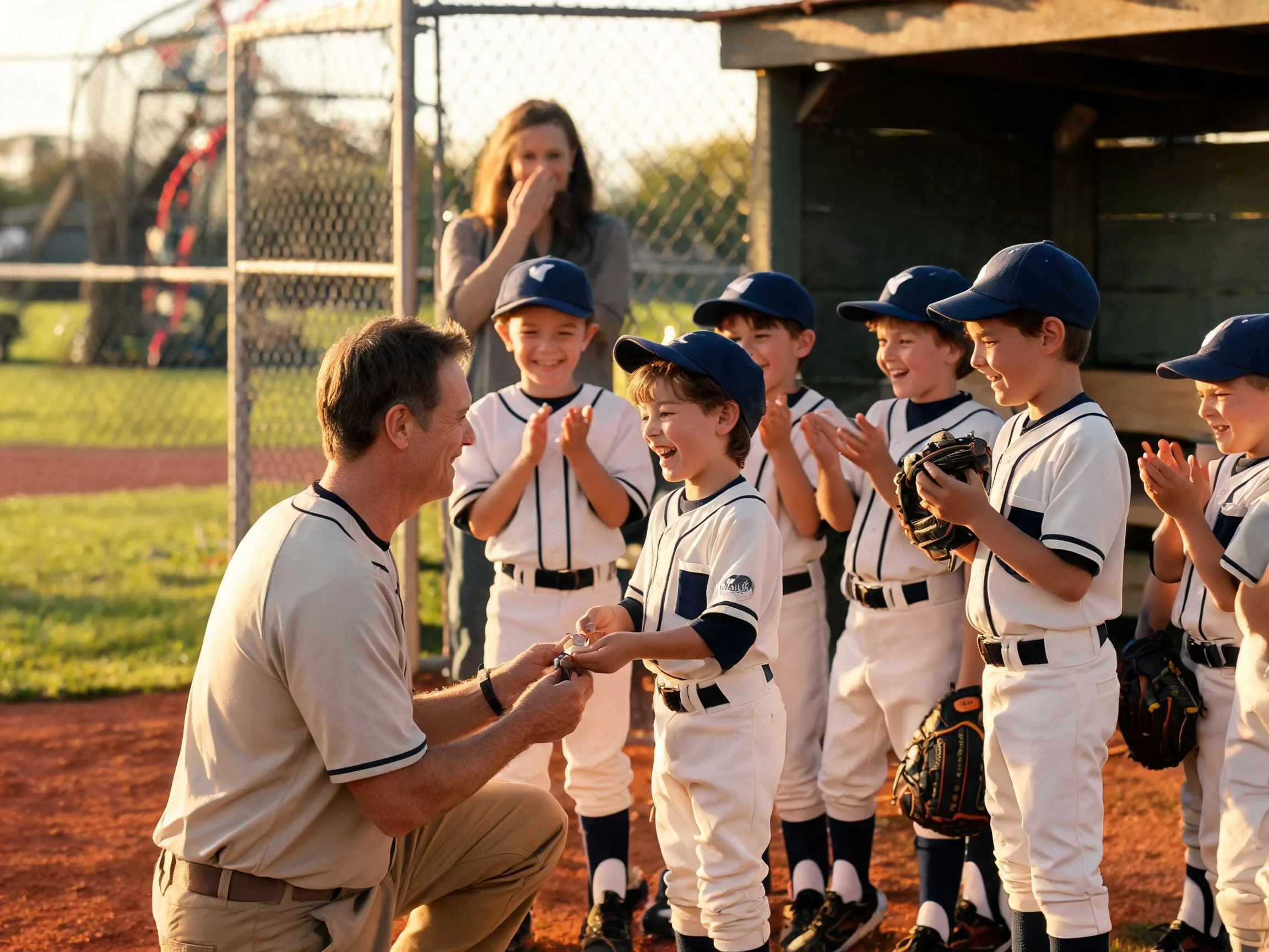 Coach and young athlete share proud emotional moment at sunlit baseball diamond dugout