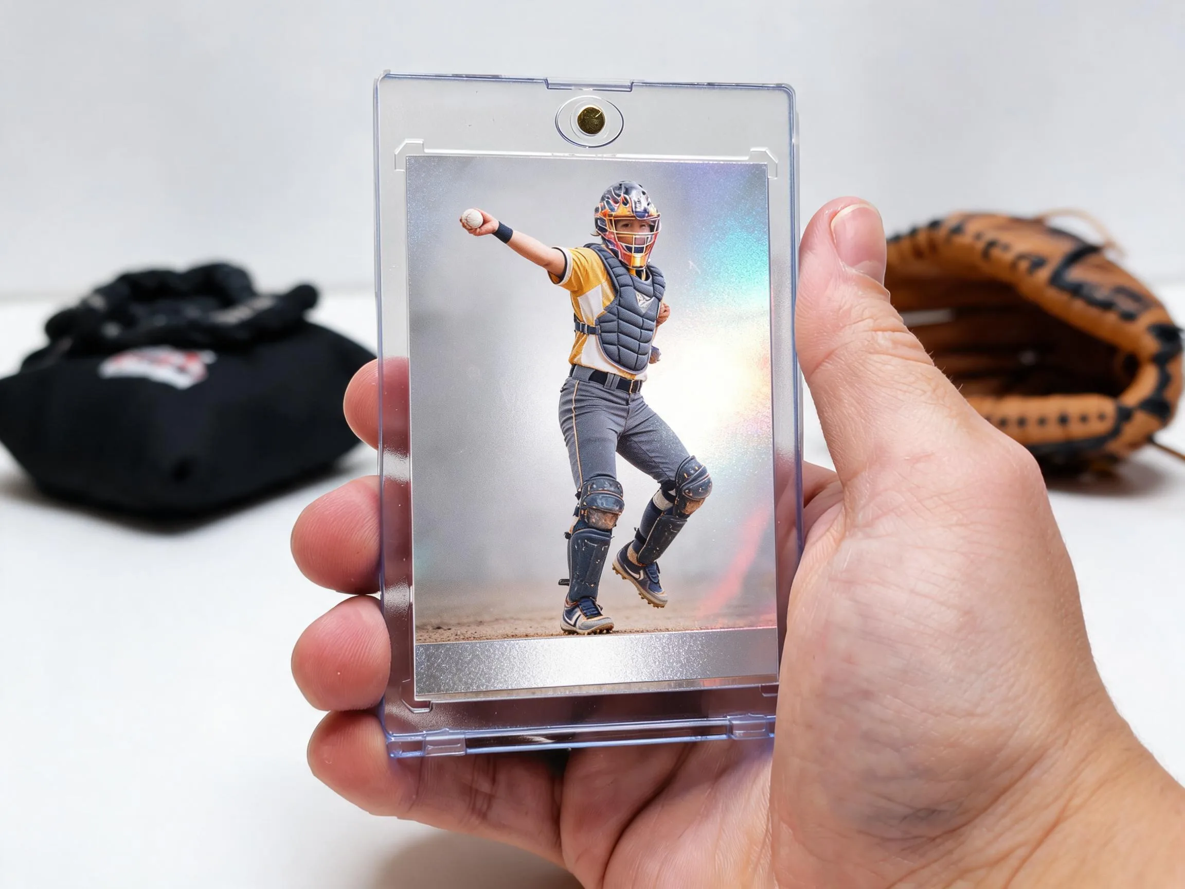 Custom baseball trading card in magnetic case showing catcher, chrome refractor finish