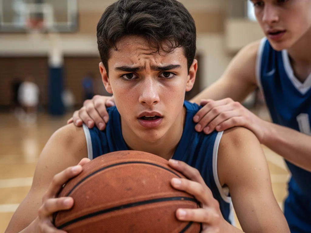 Young athlete's determined expression holding basketball with teammate's supportive hand visible