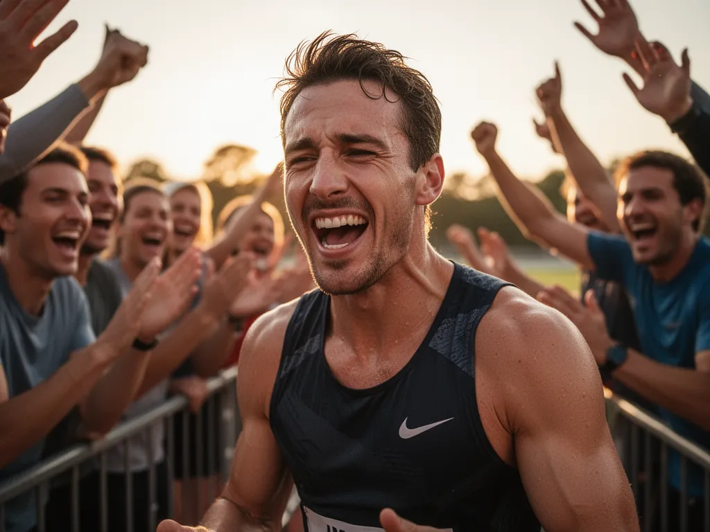 [Athlete celebrating with supporters showing emotion and joy during sporting moment]