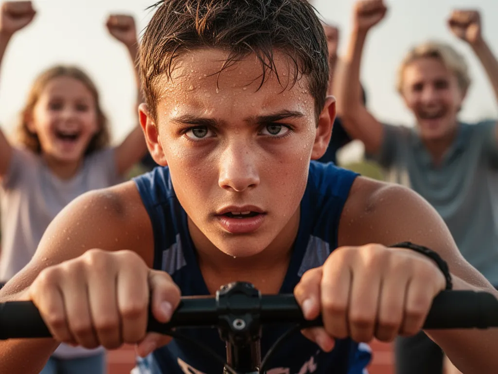 Focused athlete's face during competition with supportive family members visible in blurred background