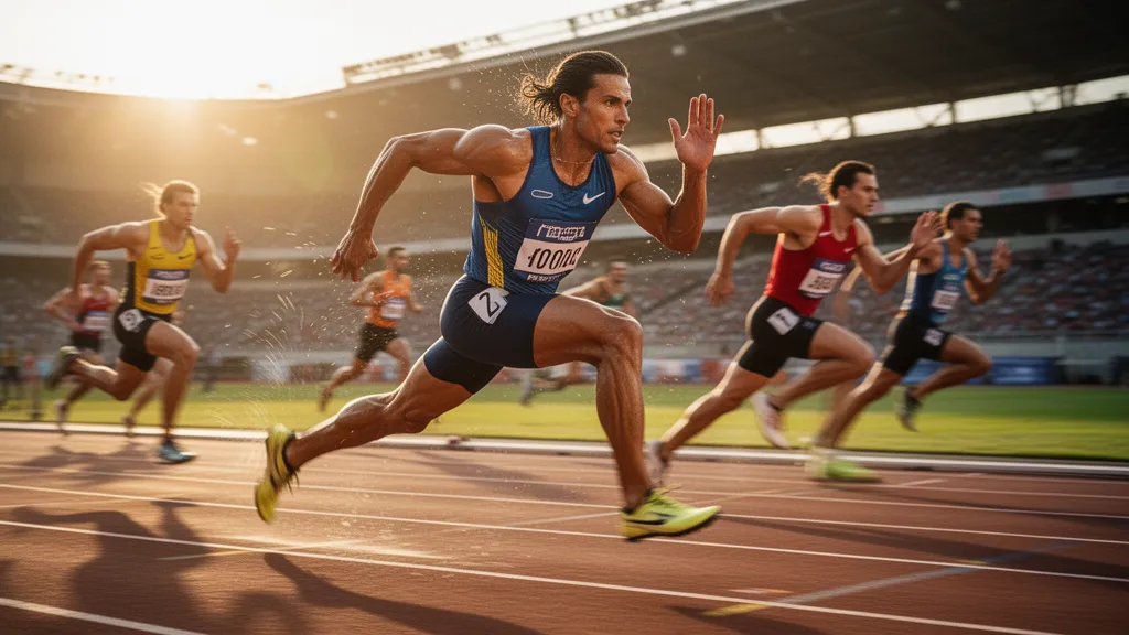 Sprinter in full stride racing on outdoor track with competitors visible in background during daylight competition