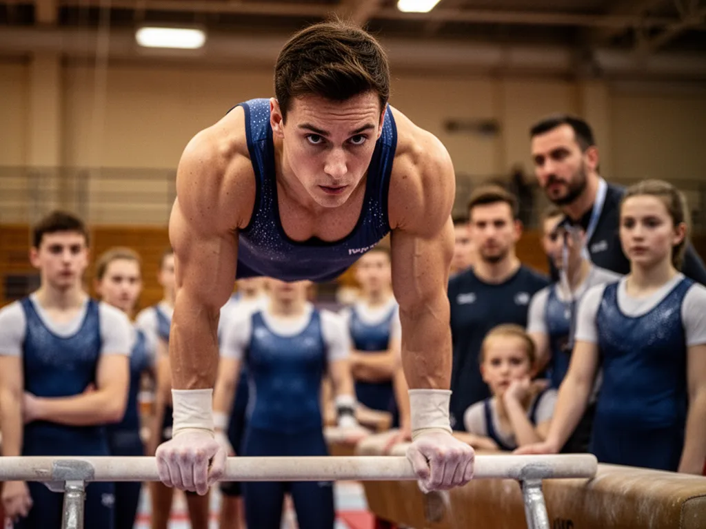 Gymnast's determined expression during apparatus routine with supportive coaches and teammates observing from sidelines