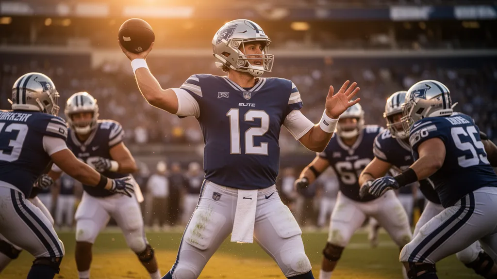 Professional quarterback throwing football during competitive game with defenders approaching