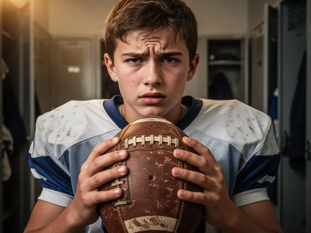 Young athlete clutching football with focused expression showing determination and passion