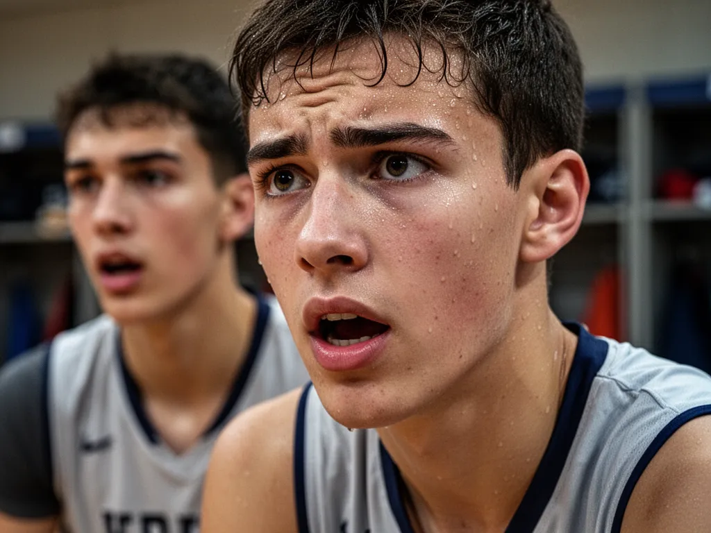 [Young athlete's concentrated expression showing determination during competitive basketball moment]