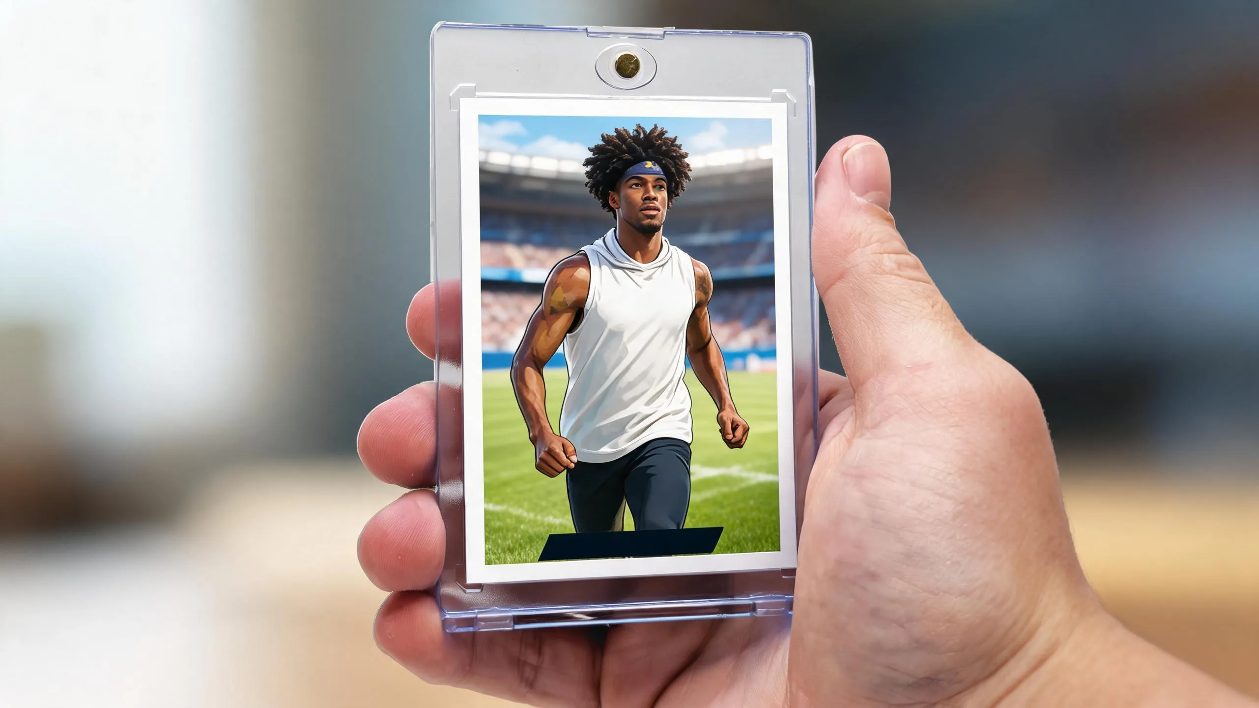 Hand holding magnetic case with athlete card, showcasing 1 of-1 sports cards for sale.