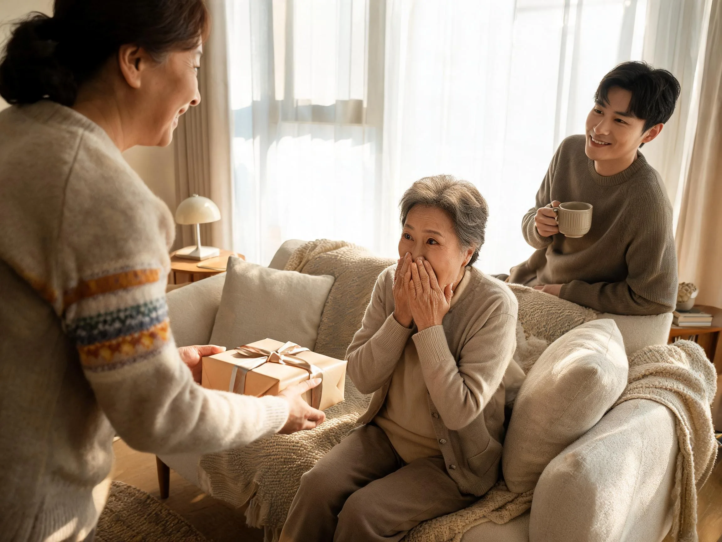 Older person reacting with joyful surprise while being handed an unexpected wrapped gift.
