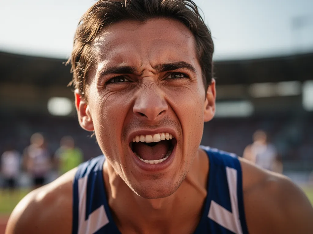 Close-up portrait of focused athlete showing raw emotion and competitive intensity during competition moment.