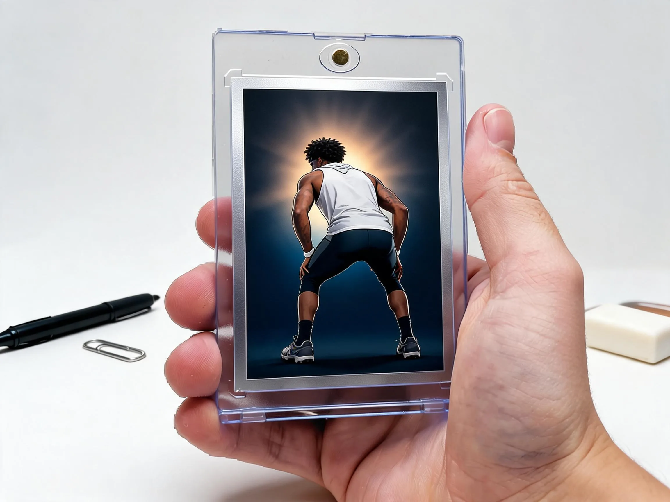 Custom keepsake trading card displayed upright in a clear magnetic protective case.