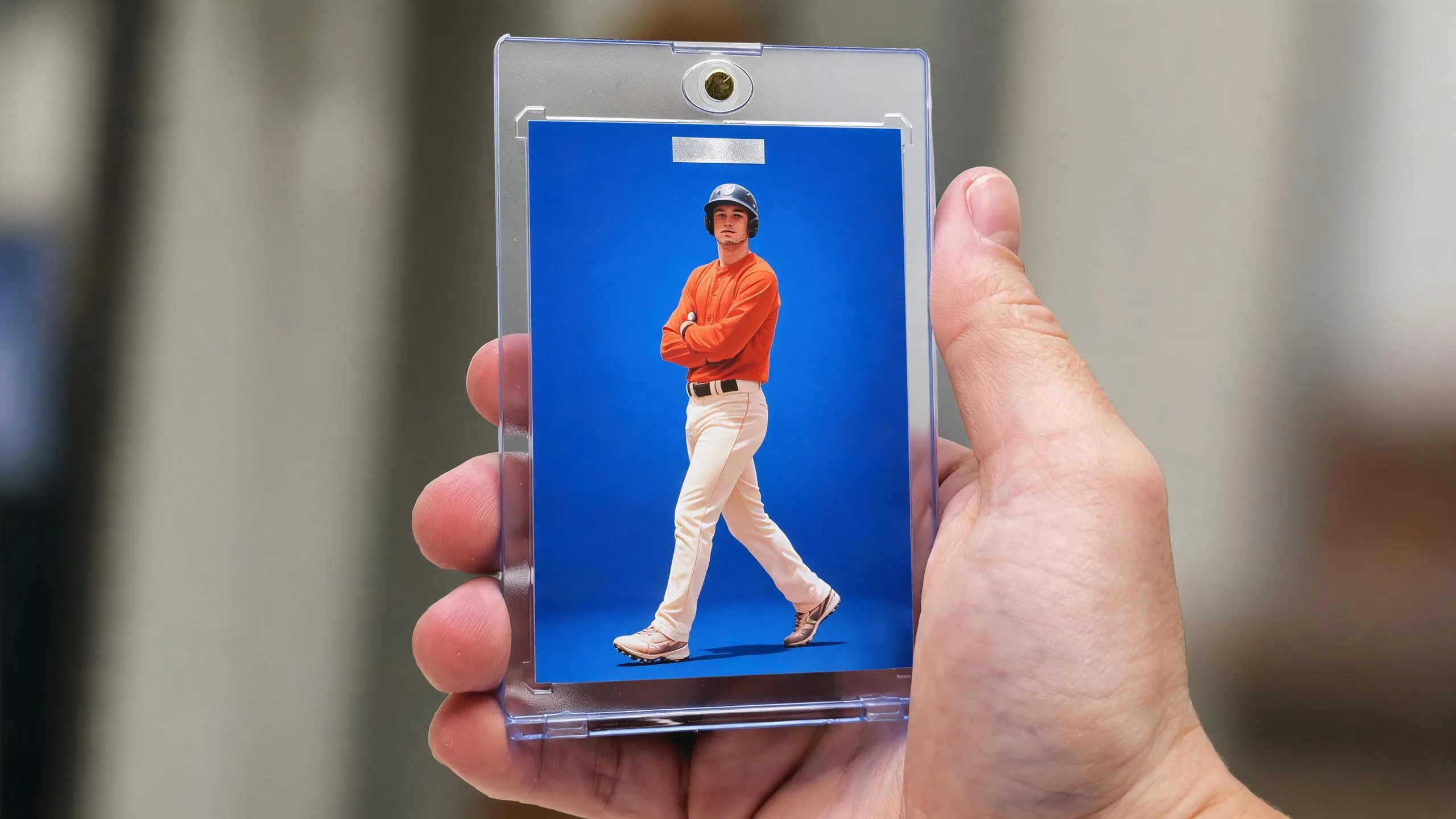 Hand holding magnetic case with custom 1 of 1 sports cards athlete design, blue editorial layout.