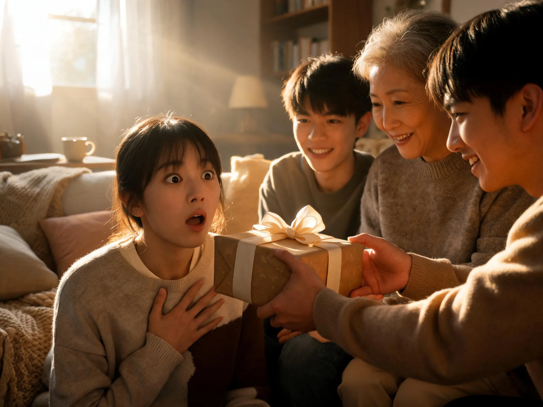 Person reacting with genuine surprise to an unexpected gift in warm natural light.