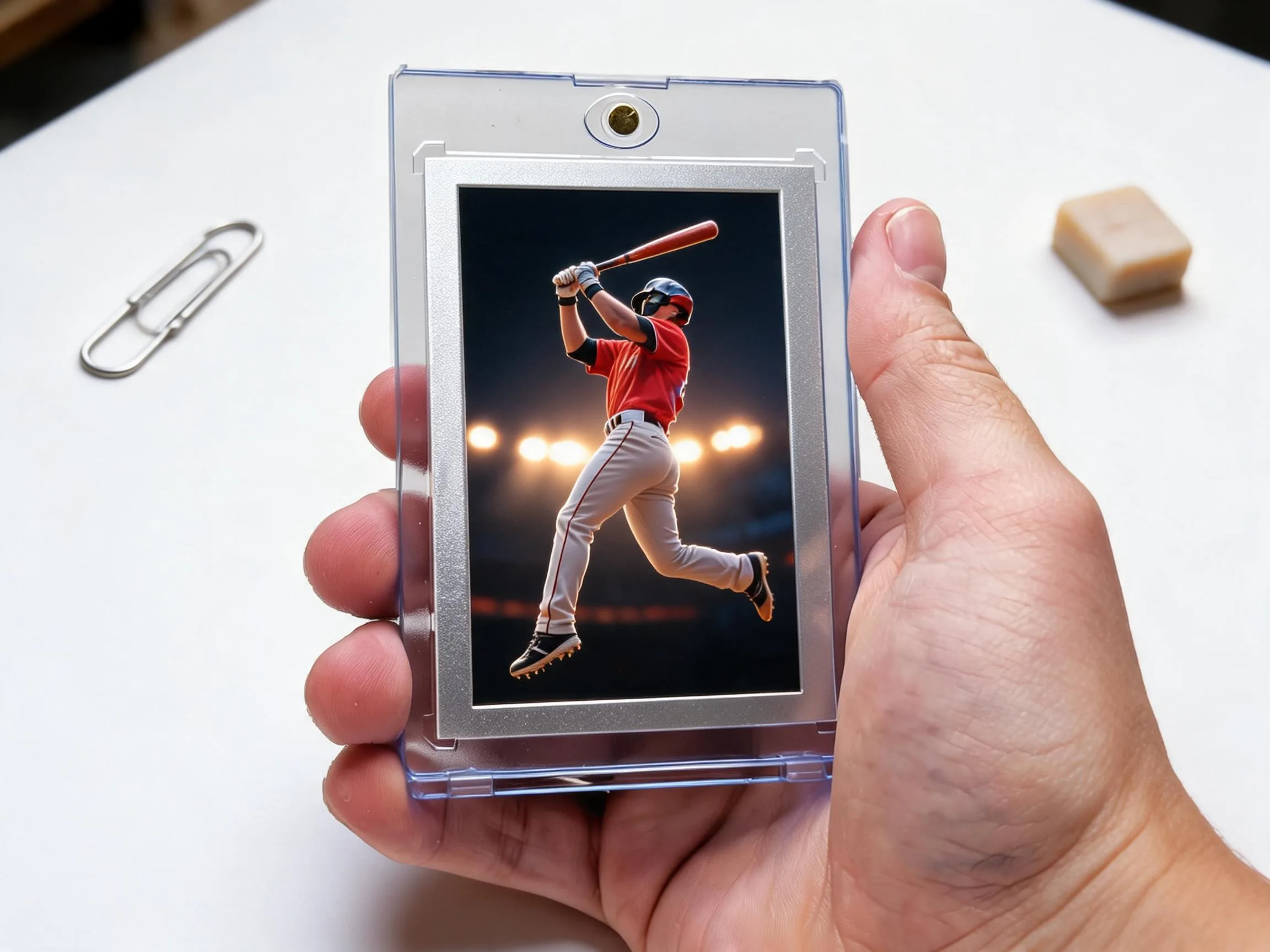 Custom keepsake trading card in a magnetic case, stadium-night silver and charcoal design.