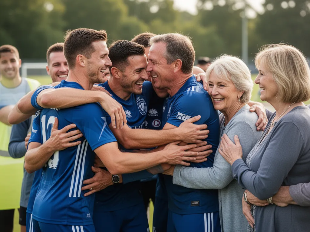 Athlete celebrating with family members and teammates in emotional embrace after competition