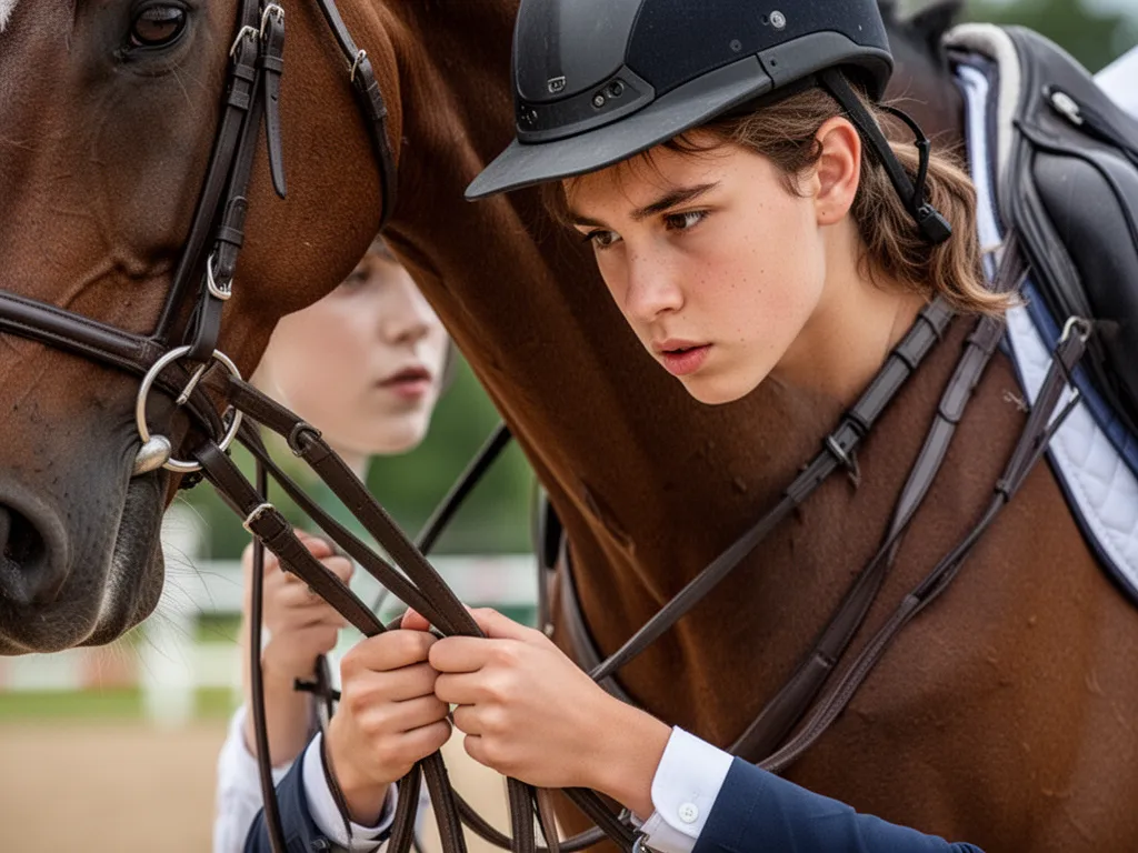Young equestrian competitor showing intense focus and determination before a competitive riding event