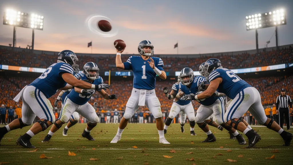 Football quarterback throwing pass while defenders rush toward him on field