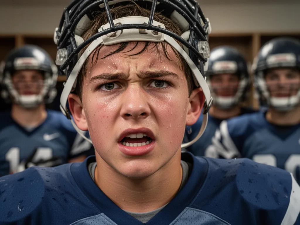 Young football player wearing helmet with determined expression and sweat on face