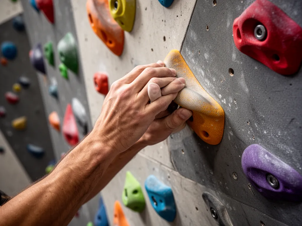 [close-up detail of climber's hands on colored holds showing strength and concentration]
