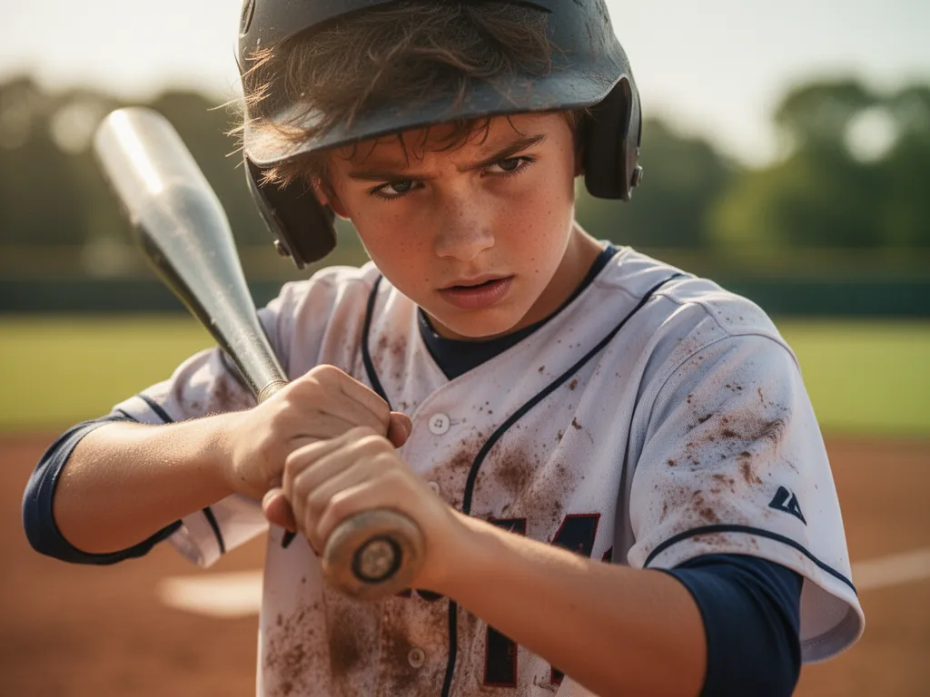 Young baseball player holding bat with concentrated expression on sunlit field