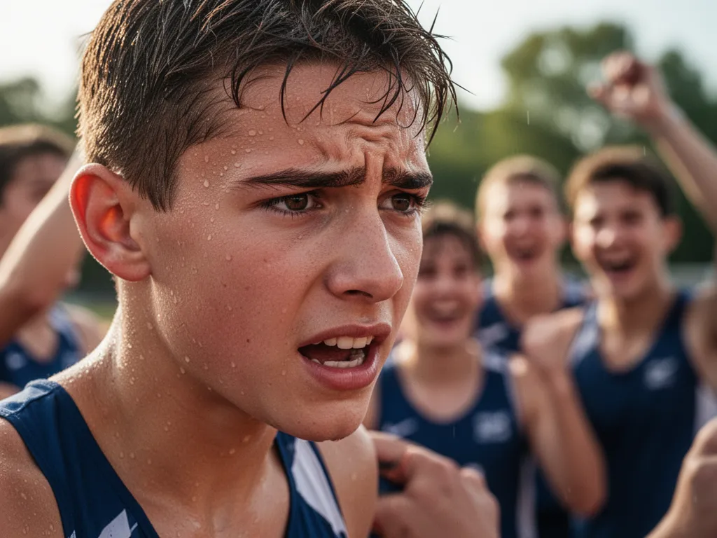 Young athlete's face showing determination and emotion with teammates celebrating in the background