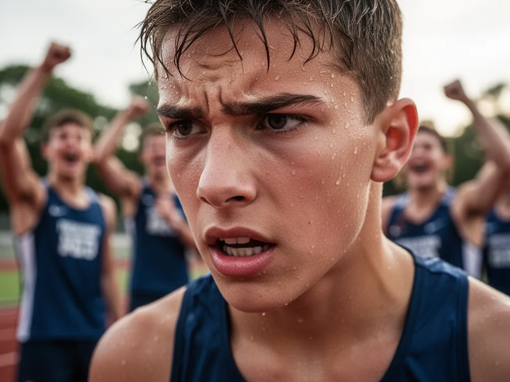 Young athlete's determined expression during competitive moment with celebrating teammates behind