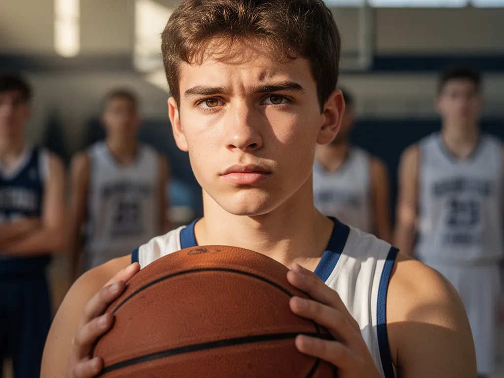 Young athlete's determined expression while holding basketball in natural daylight